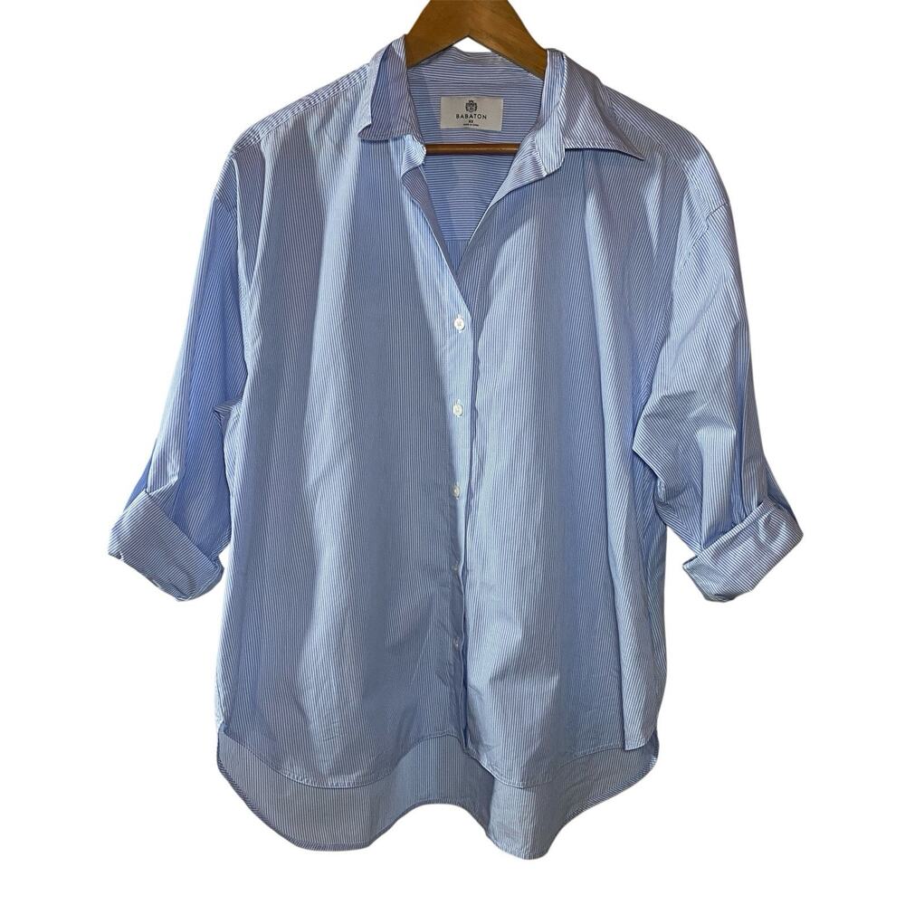 Babaton Blue Striped Oversized Button Up Cotton Shirt XS Preppy Casual Basic Top